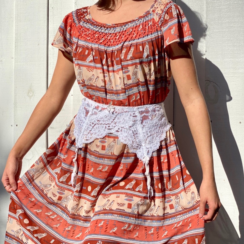 Vintage 1970s Peach, burgundy &blue Owl Slipdress.